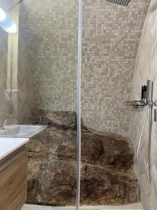 a bathroom with a shower with a large rock at Stanza privata con giardino in La Maddalena