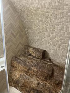 a shower with a stone seat in a bathroom at Stanza privata con giardino in La Maddalena +22 photos
