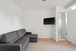ein Wohnzimmer mit einem Sofa und einem Flachbild-TV in der Unterkunft Charmant T2 - Coeur d'Arpajon in Arpajon