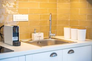 a kitchen counter with a sink and paper towels at Yploui Suites in Karpathos