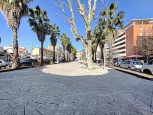 a cobblestone street with palm trees on it at Appartement ANTIGONE in Montpellier