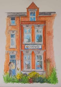 a drawing of a building with a couple standing outside at St Michael's Boutique Guest House B&B in Scarborough