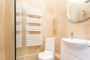 ein Badezimmer mit einem WC, einem Waschbecken und einem Spiegel in der Unterkunft Charming Studio Apartment Near Clapham Common in London