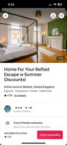 página de un dormitorio con cama en una habitación en Loving Victorian Home For Your Belfast Escape!, en Belfast