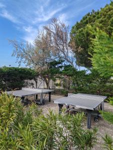 two picnic tables in a park with trees and bushes at Résidence l'Oustal des Mers in Gruissan