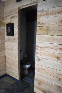 La salle de bains est pourvue de toilettes et d'un mur en bois. dans l'établissement Gite cocon dans la forêt, à Philippeville