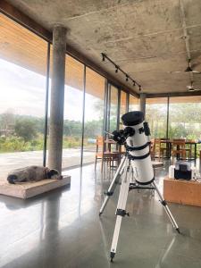 a camera on a tripod in a room with a dog at Jaadooghar Stays, Earth Friendly Stay, Chandigarh in Chandīgarh