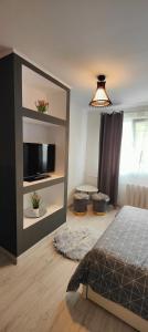 Schlafzimmer mit einem Bett und einem Flachbild-TV in der Unterkunft Residence Angelina in Arad