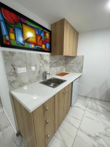 a kitchen with a sink and a painting on the wall at La Hacienda Cyprus in Limassol