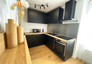 una pequeña cocina con armarios negros y fregadero en Charmant appartement rénové au cœur de Concarneau, en Concarneau