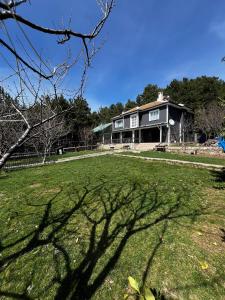 uma casa com um grande quintal em frente em CHALET VERDE em Kirazlı