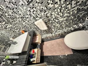 a bathroom with a toilet and a tiled wall at Cozy haven near Paris La Defense Grande Arche in Courbevoie +7 photos