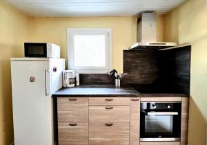 une cuisine avec un réfrigérateur blanc et une fenêtre dans l'établissement Chalet au Lac de Maguide, à Biscarrosse