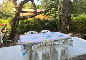 une table avec quatre chaises blanches et un tissu de table coloré dans l'établissement Chalet au Lac de Maguide, à Biscarrosse