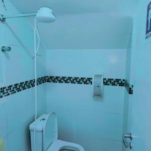 a bathroom with a toilet and a blue light at HOSTEL BARRA FUNDA LTDA in Sao Paulo
