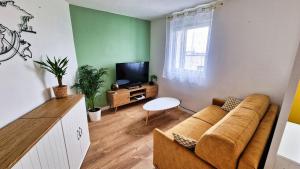 ein Wohnzimmer mit einem Sofa und einem TV in der Unterkunft Appartement complet - 1 chambre - Saint-Martin in Brest