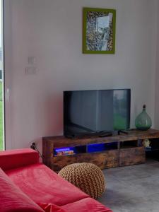 sala de estar con TV de pantalla plana en un centro de entretenimiento de madera en Le Logis d'Emeric Confortable&Fonctionnel avec jardin Clos&Arboré, en Loches