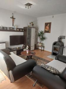 ein Wohnzimmer mit einem Sofa und einem Kamin in der Unterkunft Kuća za odmor in Žitomislići