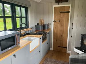 een keuken met een wastafel en een magnetron bij Owls Retreat, Meadowview House in Stoke on Trent