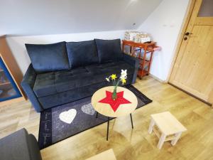 uma sala de estar com um sofá preto e uma mesa em Glamping APARTMA NA KOZOLCU 