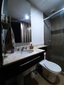 uma casa de banho com um WC, um lavatório e um espelho. em CONFORTABLE Y ELEGANTE DEPARTAMENTO em Quito