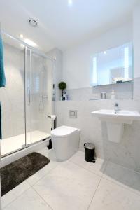 y baño con aseo, lavabo y ducha. en Ground Floor One Bedroom Flat Centre of Woking with Off Street Parking, en Woking