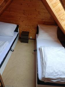 two beds in a small room with wooden walls at Dom Marek in Wisełka