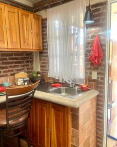 a kitchen with a sink and a brick wall at Depto. Equipado, 1 Habitación con estacionamiento in Tulancingo
