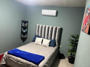 ein Schlafzimmer mit einem Bett mit blauen Kissen in der Unterkunft Acogedor depa cerca del Tec in Ciudad Victoria