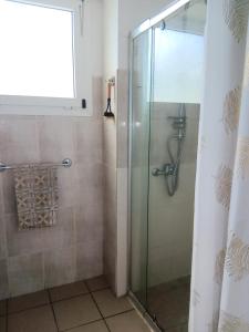 a bathroom with a shower with a glass door at Le Caro - pieds dans l'eau - clim - wifi in Saint-Gilles-les-Bains +2 photos