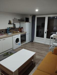 eine Küche mit einem Herd und einer Waschmaschine in der Unterkunft Appartement Cosy avec extérieur in Saint-Privat-des-Vieux