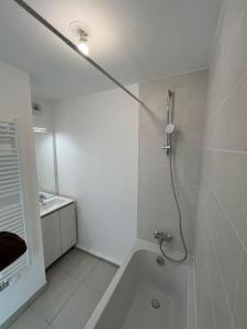 La salle de bains blanche est pourvue d'une douche et d'un lavabo. dans l'établissement Appartement cosy à Bron, à Bron