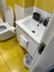 a bathroom with a white sink and a toilet at New studio balcony apartment in Sheffield in Sheffield
