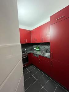 - une cuisine rouge avec un évier et des placards rouges dans l'établissement Neu Guest Place, à Quickborn