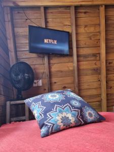 1 cama con almohada y TV en la pared en Chalés Ilha da Mata Pousada, en Florianópolis