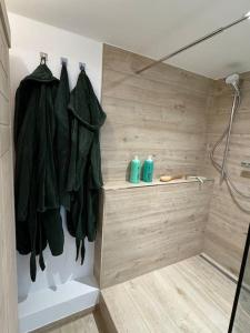 a bathroom with a shower with two green bottles at Erholungszeit zu Zweit in Bretten