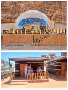 a bride and groom in front of a dome tent at غرووب وادي رم in Wadi Rum