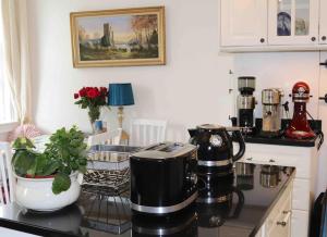 a kitchen with a counter with a coffee maker on it at Flat in the heart of Bath with stunning views in Bath