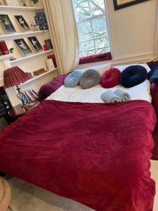 a bedroom with a large bed with a red blanket at Flat in the heart of Bath with stunning views in Bath