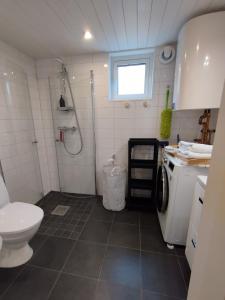 a small bathroom with a toilet and a shower at Bålsta Studio Houses in Bålsta