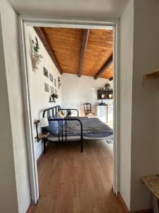 een slaapkamer met een bed in een kamer met een houten plafond bij Ciuri Ciuri Apartments in Casteldaccia