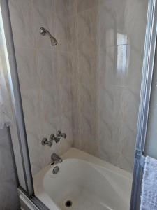 a bathroom with a shower with a white tub at Dalkeith Greathouse in Mandeville