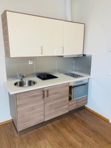 uma cozinha com armários brancos e um lavatório em Torggata Suite Apartments em Oslo