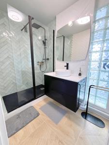y baño con lavabo y ducha. en 5 minutes metro free parking 2 bedrooms 4-6P Near Paris, en Malakoff