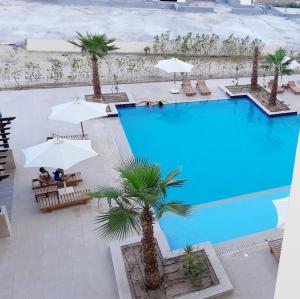 - une vue sur la piscine bordée de parasols et de palmiers dans l'établissement ALDau heights koko, à Hurghada
