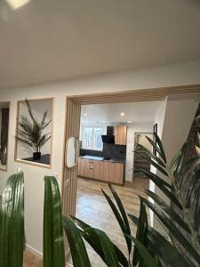 uma sala de estar com um vaso de plantas no primeiro plano em Appartement tout confort em Harfleur