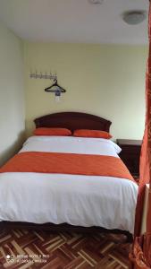 um quarto com uma cama grande e almofadas vermelhas em Gran Hostal Casa Luz em Quito