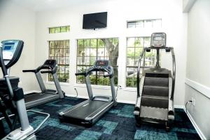 a gym with two tread machines and a flat screen tv at Apartment in Houston Med Center in Houston