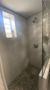 a bathroom with a shower with a window at Casa Edka in Ensenada