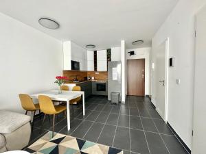 布達佩斯的住宿－Panorama Apartment 2 #W6 #Terrace #FreeParking，厨房以及带桌椅的用餐室。